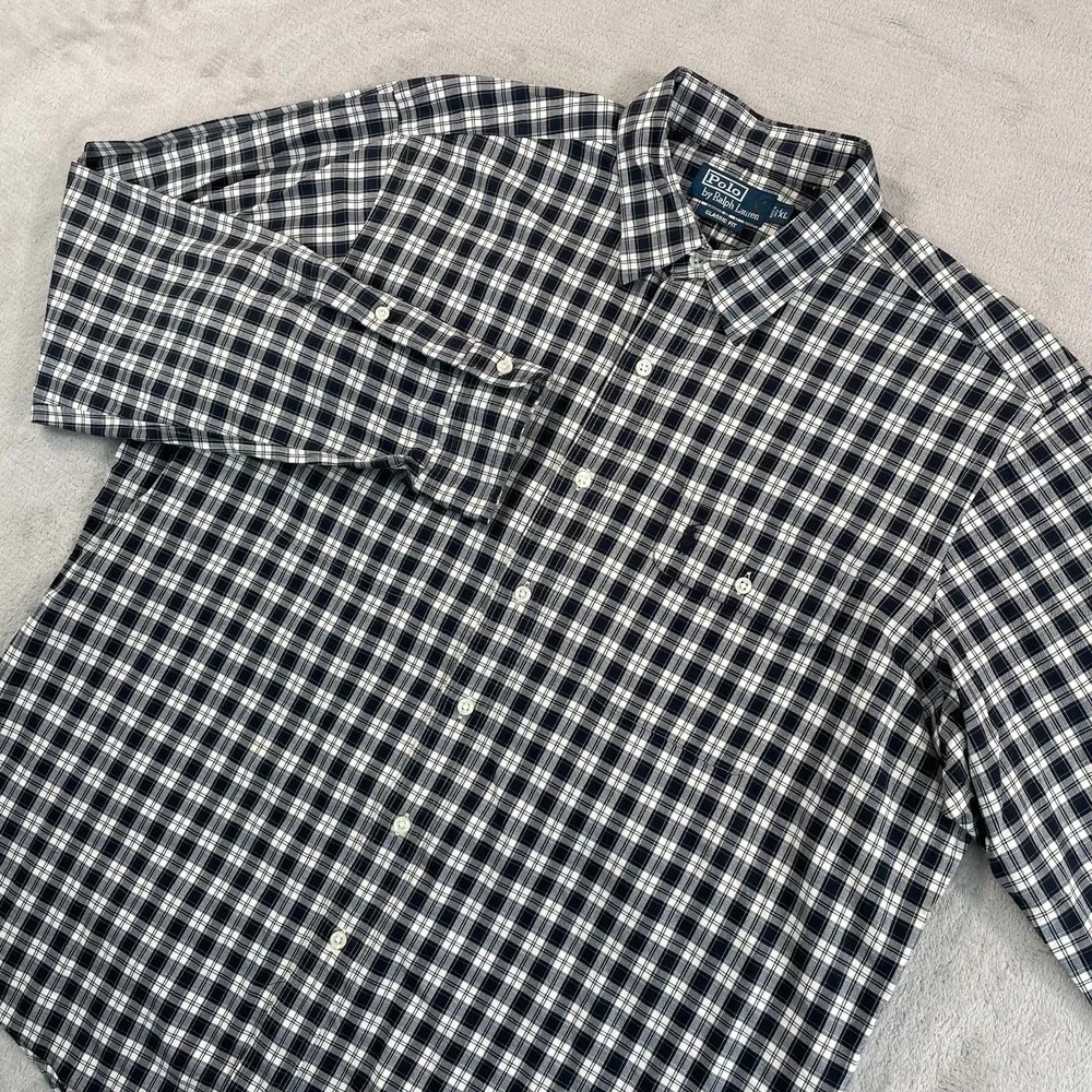 Vintage Polo Ralph Lauren Shirt Men XL Black Plaid Double Flap Pocket‎ Pony Work